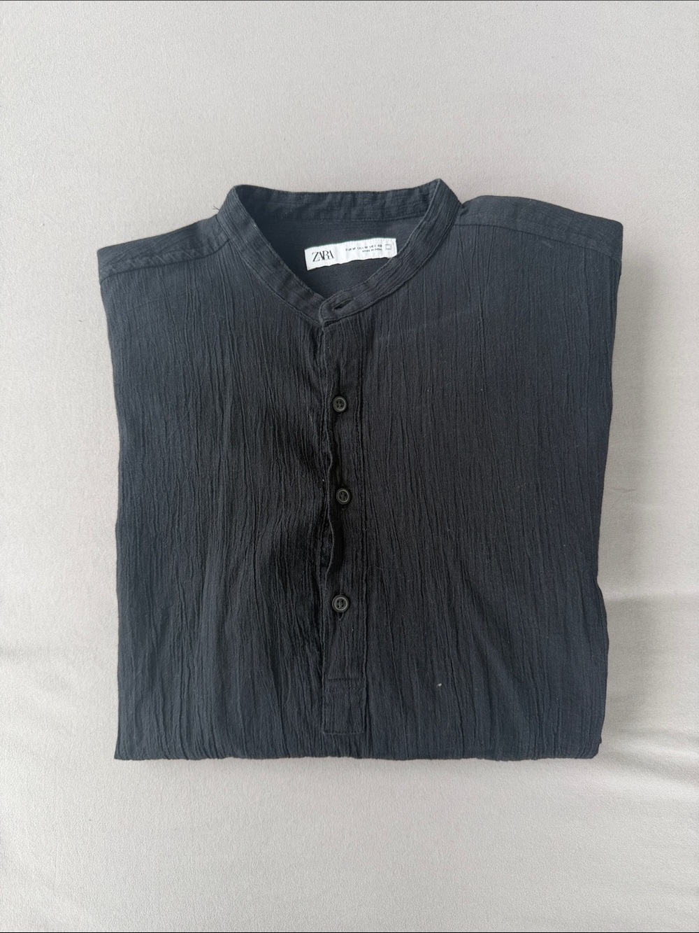Zara Black Long-Sleeve Grandad-Collar Button Shirt